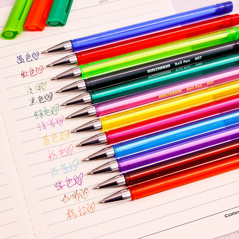 12色包邮 607彩色圆珠笔1.0粗线条学生美术画画油笔紫绿棕粉红色
