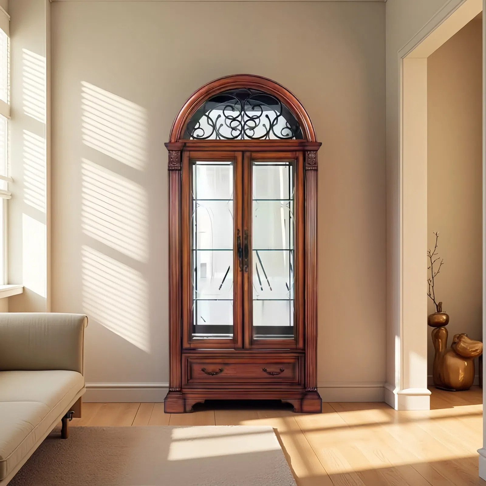 新中式酒柜棕色实木雕花客厅展示柜家用美式欧式酒柜玻璃双开门