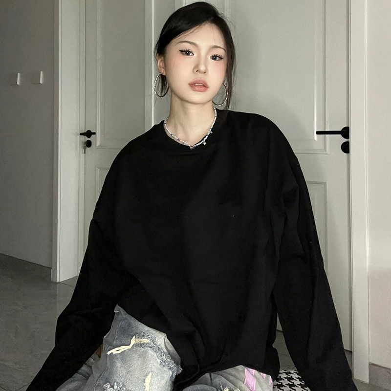 黑色圆领卫衣女春秋款加绒纯色基础款内搭大码宽松无帽上衣打底衫