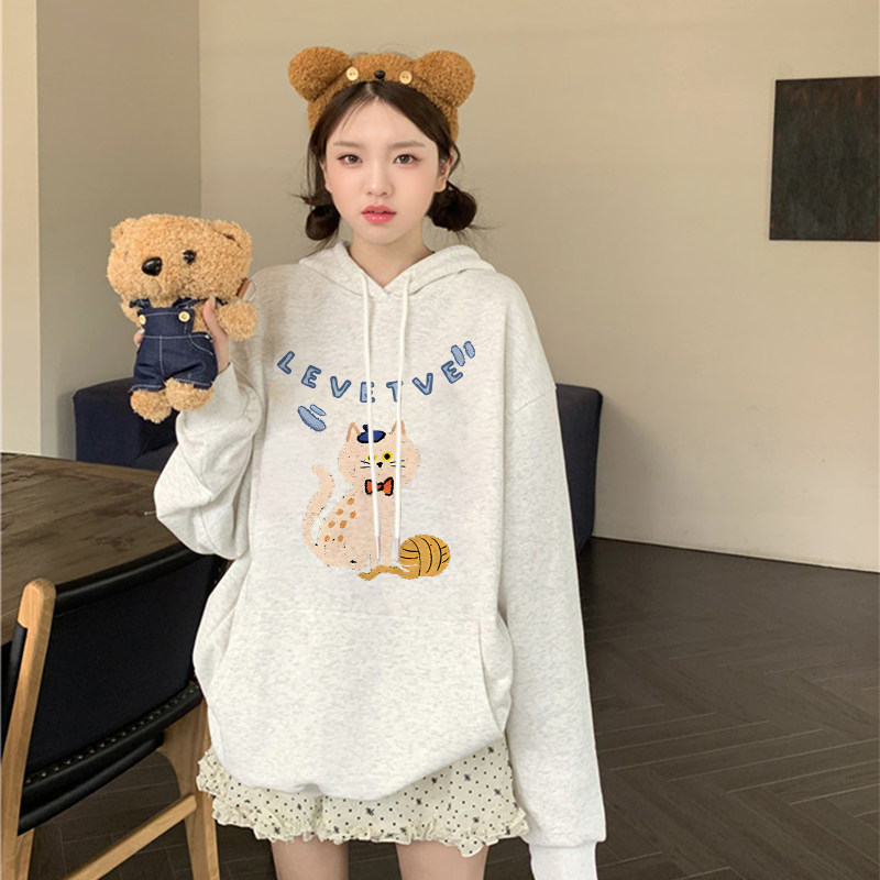 日系复古学院风趣味猫咪秋冬季连帽卫衣女宽松小众慵懒风百搭上衣