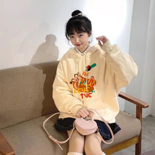 美式面包卡通小狗印花外套女重磅加绒宽松百搭设计感连帽套头卫衣