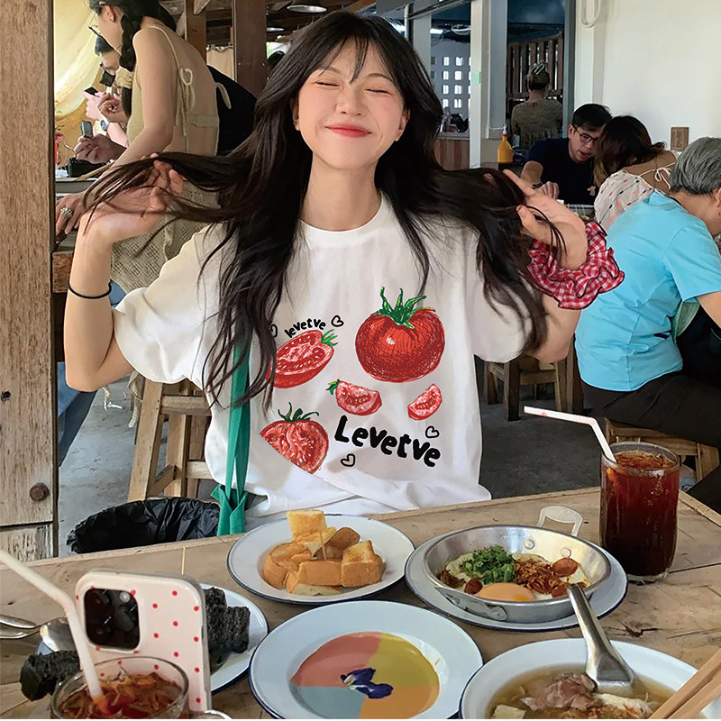美式趣味简约番茄印花短袖女小众设计感宽松t恤学院休闲夏季上衣