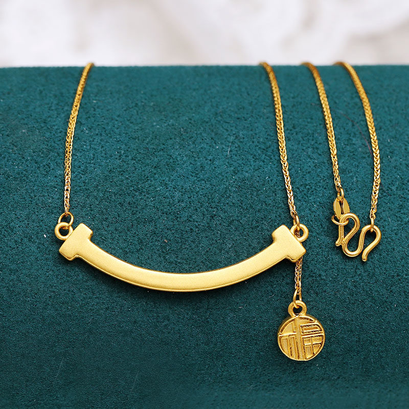 3d硬金黄金笑脸项链 女足金999锁骨微笑表情项链时尚简约套链送礼