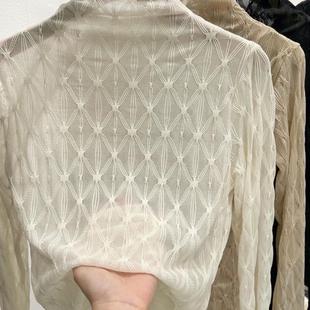 2023早秋新款半高领蕾丝打底衫女秋冬配皮草内搭洋气纱衣网纱上衣