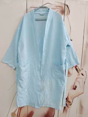 春秋季男女士睡袍绉布纯棉中袖开衫浴袍家居服吸水宽松浴衣系带款