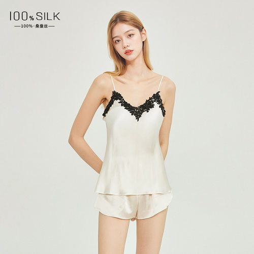 夏季薄款桑蚕丝上衣女士100%真丝家居服内搭优雅简约丝绸吊带睡衣