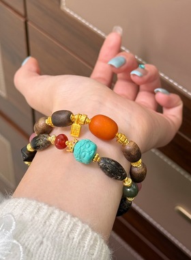 新中式复古时尚精致盐源玛瑙老山檀沉香文玩手串感老蜜蜡手饰