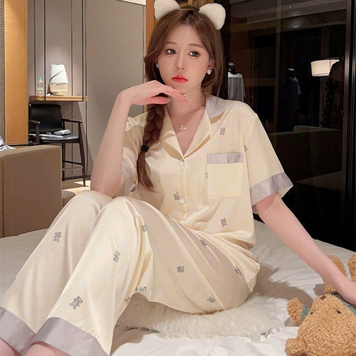 睡衣女夏季薄款仿真丝感短袖长裤休闲开衫女士家居服套装