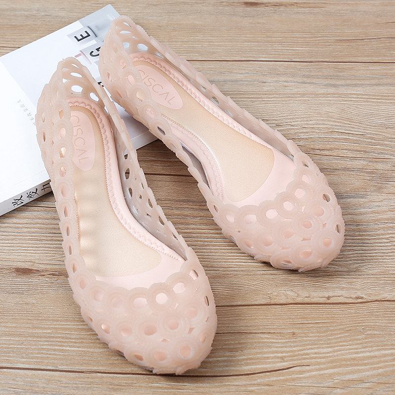 塑料凉鞋女鸟巢平底洞洞鞋水晶防水雨鞋包头沙滩鞋透明镂空果冻鞋