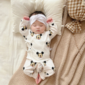 新生儿纯棉夏季 3月宝宝家居空调服 开档斜系带和尚服两件套婴儿0