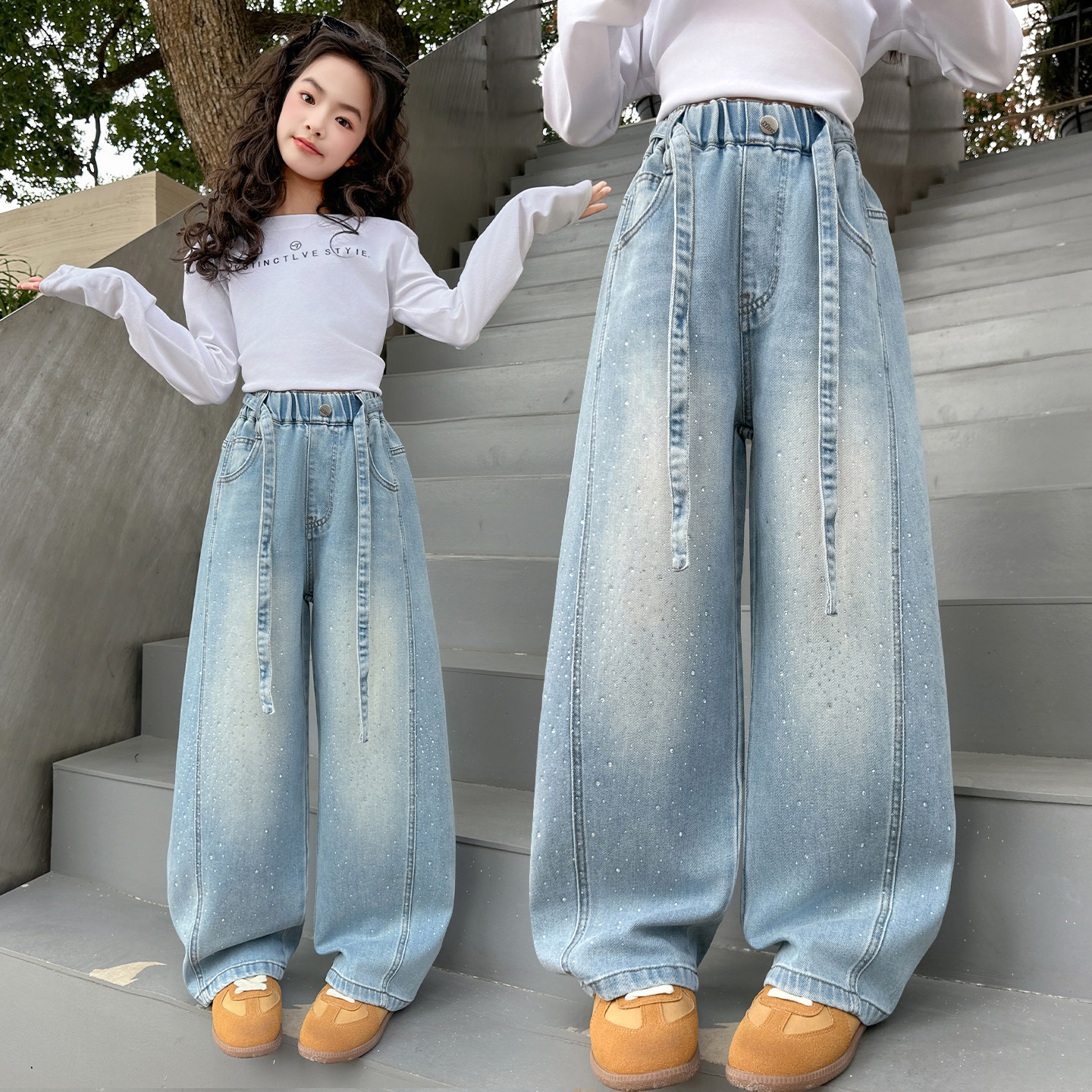 女童牛仔弯刀裤春秋2026新款儿童春装洋气时髦女大童浅色裤子春季,童装/婴儿装/亲子装,儿童牛仔裤,淘宝优惠券,粉丝福利购,淘宝优惠卷