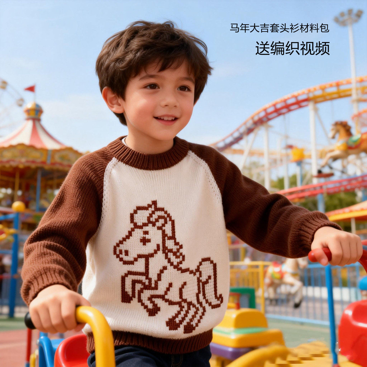 2026马年大吉绣图擦肩袖撞色毛衣diy材料包棒针手工毛线视频儿童,服饰配件/皮带/帽子/围巾,DIY编织材料包,淘宝优惠券,粉丝福利购,淘宝优惠卷