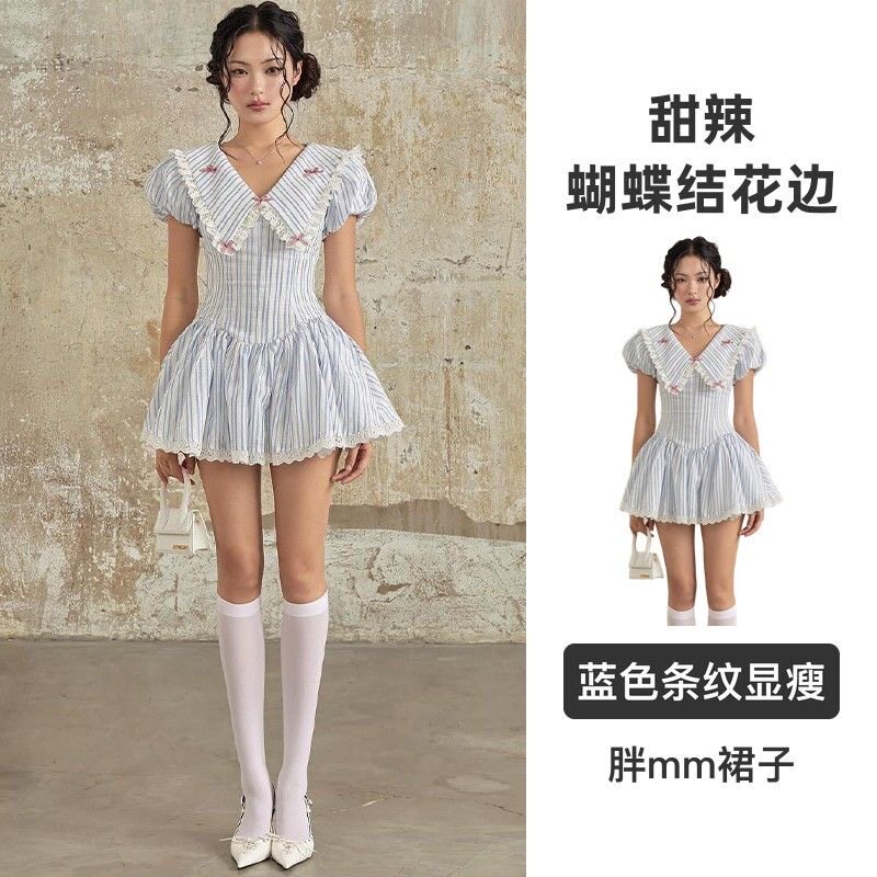 大码女装胖mm2026夏季新款法式可爱蝴蝶结花边拼接泡泡袖连衣裙图片