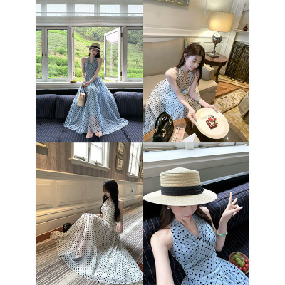 大码300斤法式波点V领挂脖连衣裙女夏季新款收腰显瘦露背气质长裙