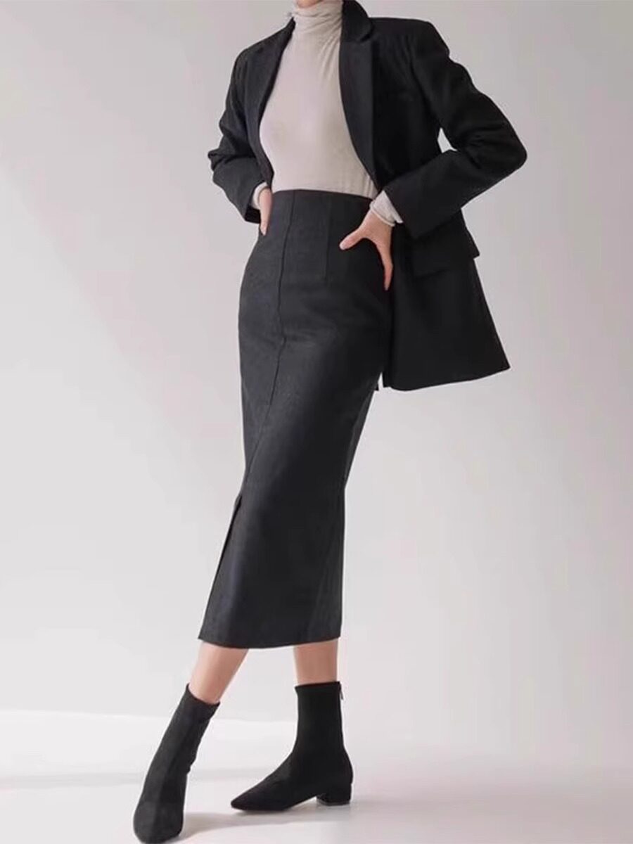 이론 앵거스 여성용 고급 회색 모직 정장 캐주얼 스커트 정장 봄 가을 신상 투피스 세트