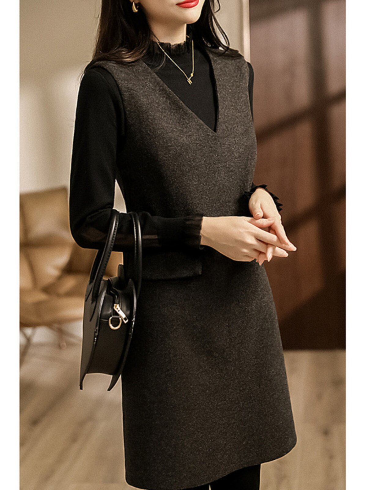 THEORY ANGUS 슬림 민소매 V 넥 드레스 여성 겨울을위한 슬림하고 다양한 캐주얼 모직 조끼 조끼 드레스