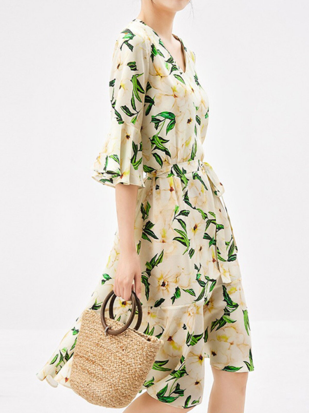 이론 테일러 치자나무 실크 드레스 헤비 멀베리 실크 꽃무늬 프랑스 2024 여성 새 스타일