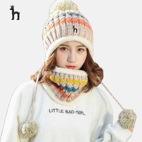 哈吉斯船长条纹撞色毛线帽围脖一体秋冬显脸小防寒口罩护耳两件套
