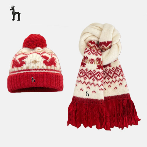 哈吉斯船长小众提花针织围巾女秋冬加厚保暖毛线帽高级感红色围脖