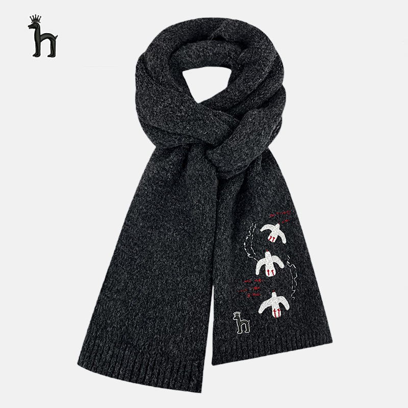 哈吉斯船长韩版小白鸽刺绣围巾女2025秋冬新款保暖百搭情侣围脖潮