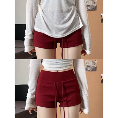 红色辣妹低腰抽绳显瘦运动热裤