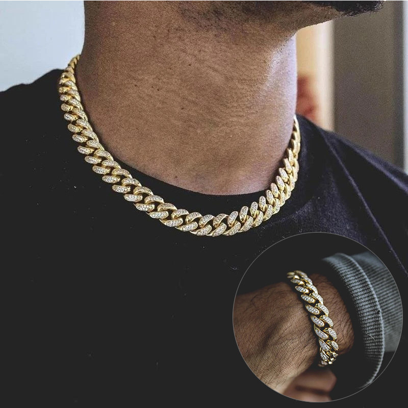 ins网红嘻哈说唱潮迈阿密镶钻粗款男hiphop王嘉尔古巴链满钻项链