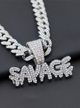 欧美hiphop男士潮牌镶钻水钻项链女军牌king字母吊坠个性嘻哈简约