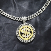 旋转转动双色美元 吊坠Hiphop项链满钻古巴链潮嘻哈镶钻男女锁骨链