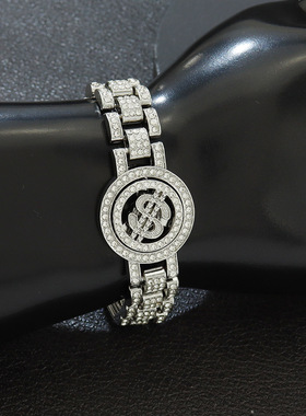 男女合金镶钻嘻哈转动美金手链