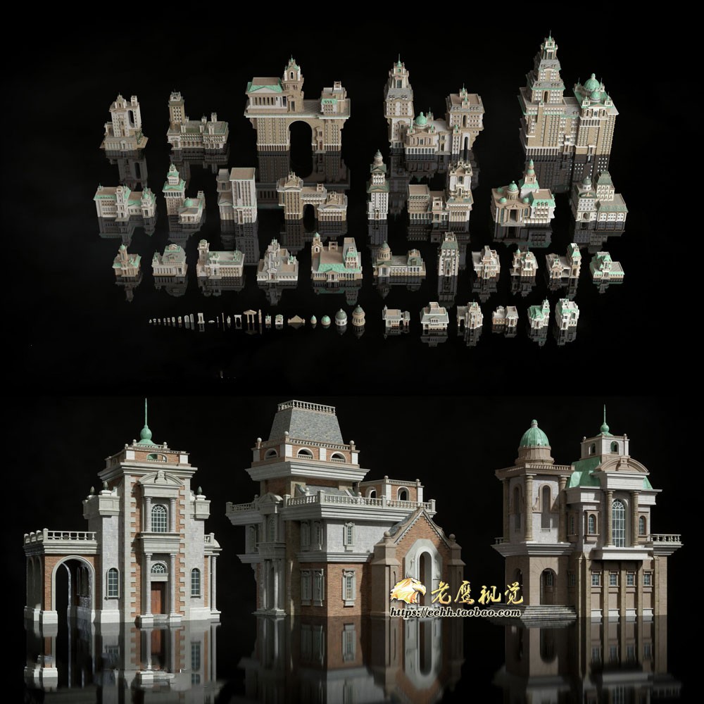 历史古典幻想城市楼房建筑3D模型 C4D/MAX/FBX/OBJ/Maya/Unity等