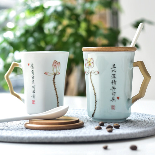 景德镇陶瓷杯带盖勺马克杯情侣杯情人节结婚礼物水杯茶杯定制刻字
