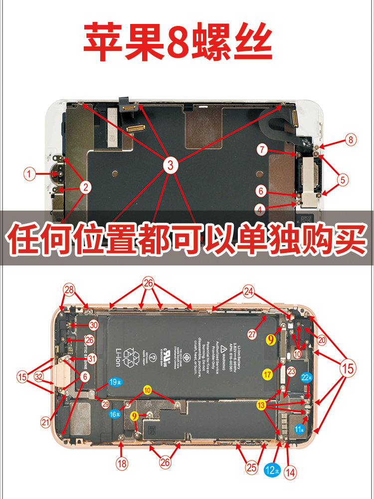 适用于苹果iphone8主板螺丝 8代屏幕压片摄像头听筒螺丝 分类好