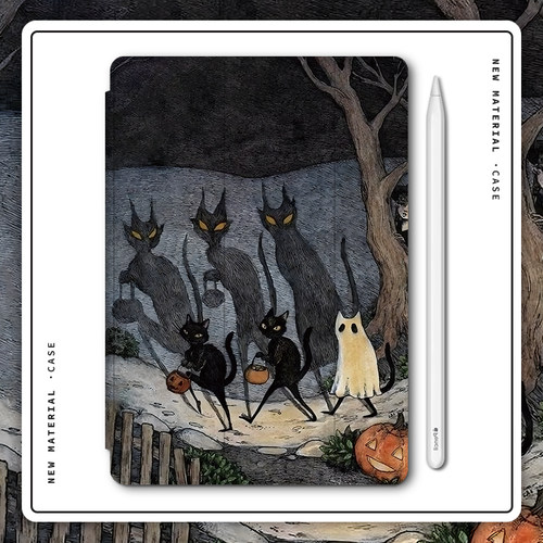 百猫夜行复古趣味适用iPad7/8/9/10三折保护套Air1/2/3/4/5全包2021苹果带笔槽mini6软壳2020壳第九代11寸Pro