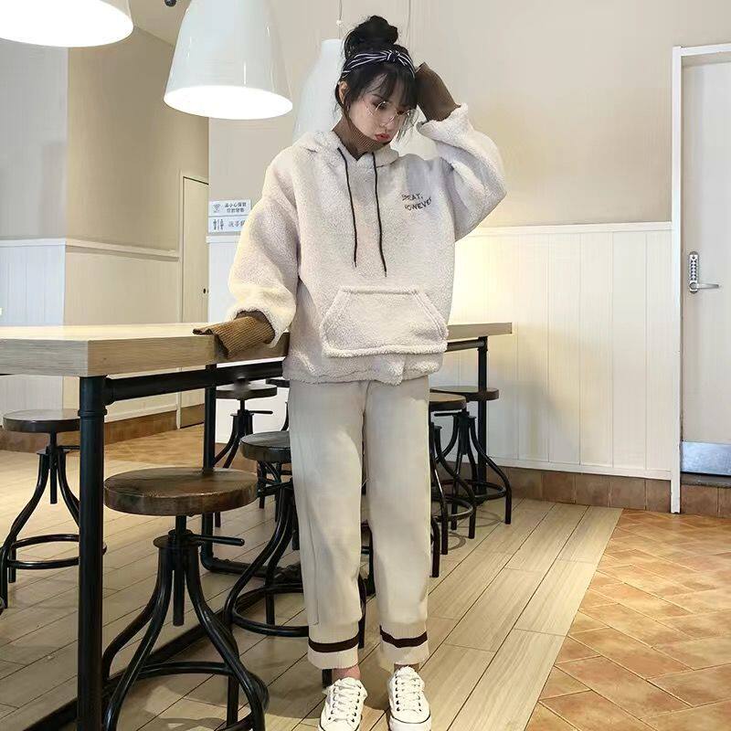 网红小个子秋冬羊羔绒卫衣套装女2024新款超火时尚气质洋气两件套