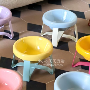 釉下彩陶瓷深口径猫咪小狗碗pecolo宠物水碗不湿嘴带支架护增高颈