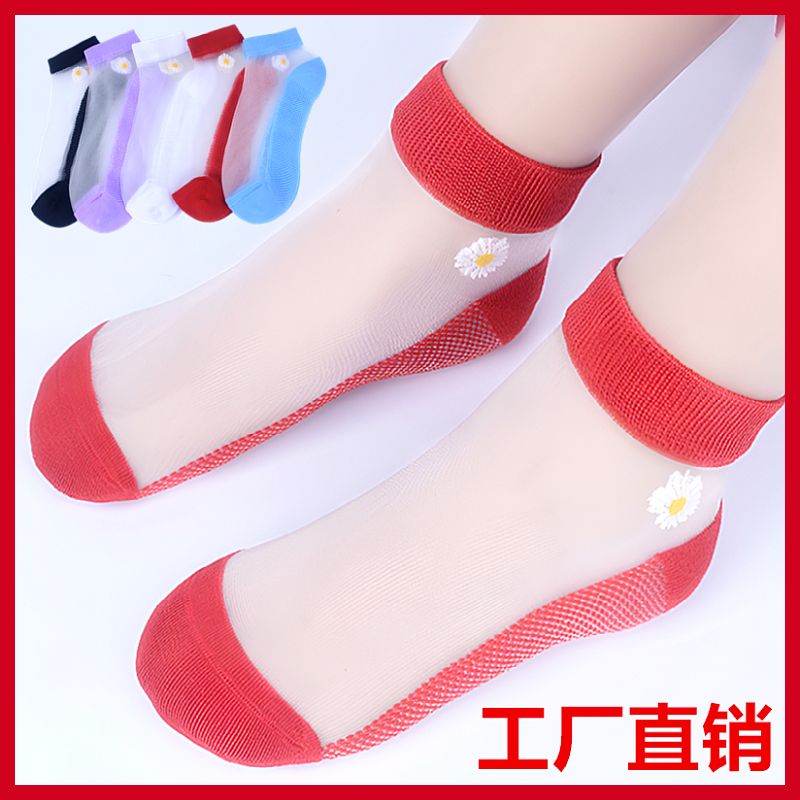 红色丝袜女夏季薄款短袜春季玻璃丝防勾丝冰丝防滑女士透明水晶袜