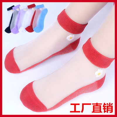 红色丝袜女夏季薄款短袜春季玻璃丝防勾丝冰丝防滑女士透明水晶袜