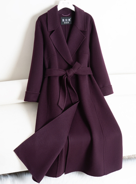 紫红色双面羊绒大衣女长款过膝2025年新款正肩修身赫本风毛呢大衣