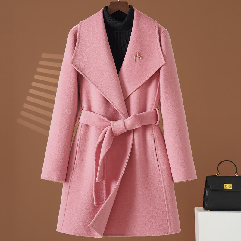 高级感大翻领粉色羊毛呢大衣女小个子中长款收腰显瘦气质通勤外套,女装/女士精品,毛呢外套,淘宝优惠券,粉丝福利购,淘宝优惠卷