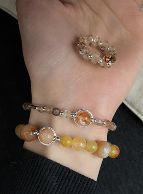 S925银多巴胺天然红胶花金丝玉手链戒指套装韩风搭配小众设计风格