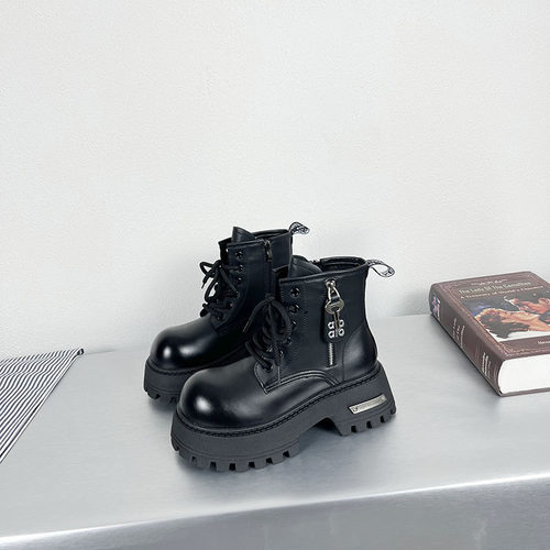 复古厚底大头马丁靴加绒短靴女