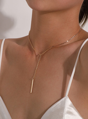 一字长条吊坠项链女简约复古气质流苏简约清丽锁骨链