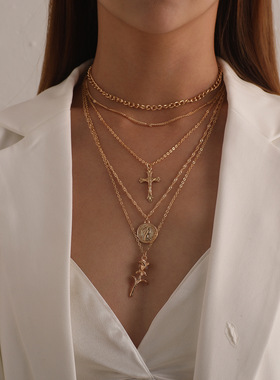 十字架女头像吊坠项链女气质多层玫瑰花项饰女王高贵