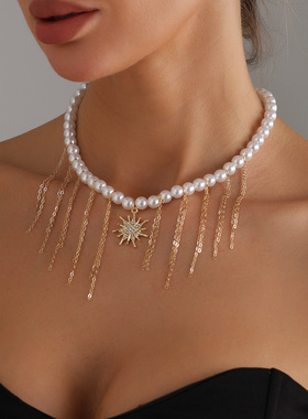 镶钻芒星仿珍珠项链女多条流苏轻奢时尚感choker