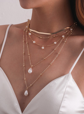 珍珠吊坠多层圆珠项链女时尚新款复古手工简约项饰
