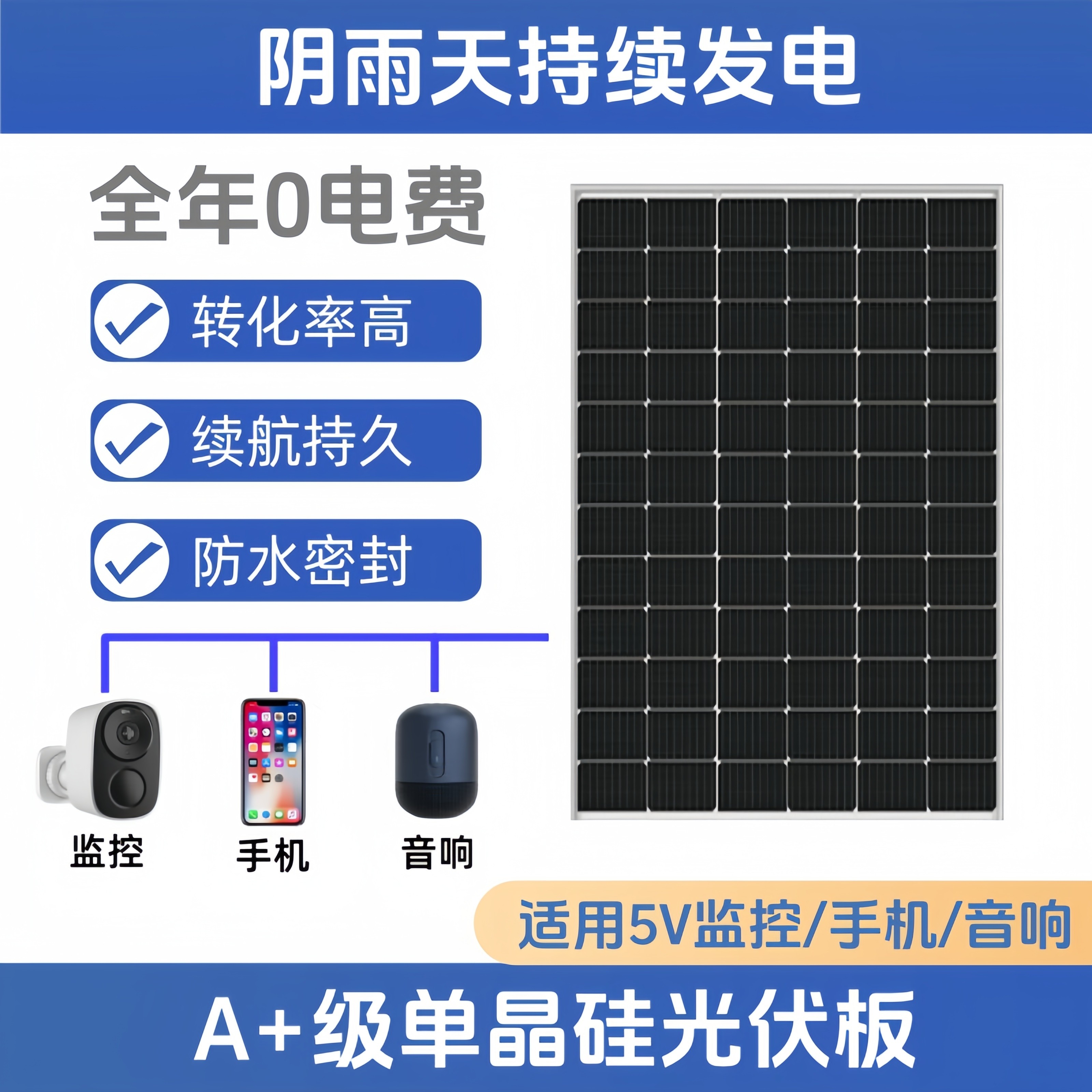 太阳能充电板5V太阳能光伏板阴天供电安防监控电源发电Type-c接口