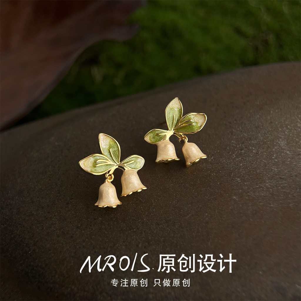 铃兰花珐琅釉耳环耳夹厚镀18k真金花朵耳夹小众原创甜美高级耳饰