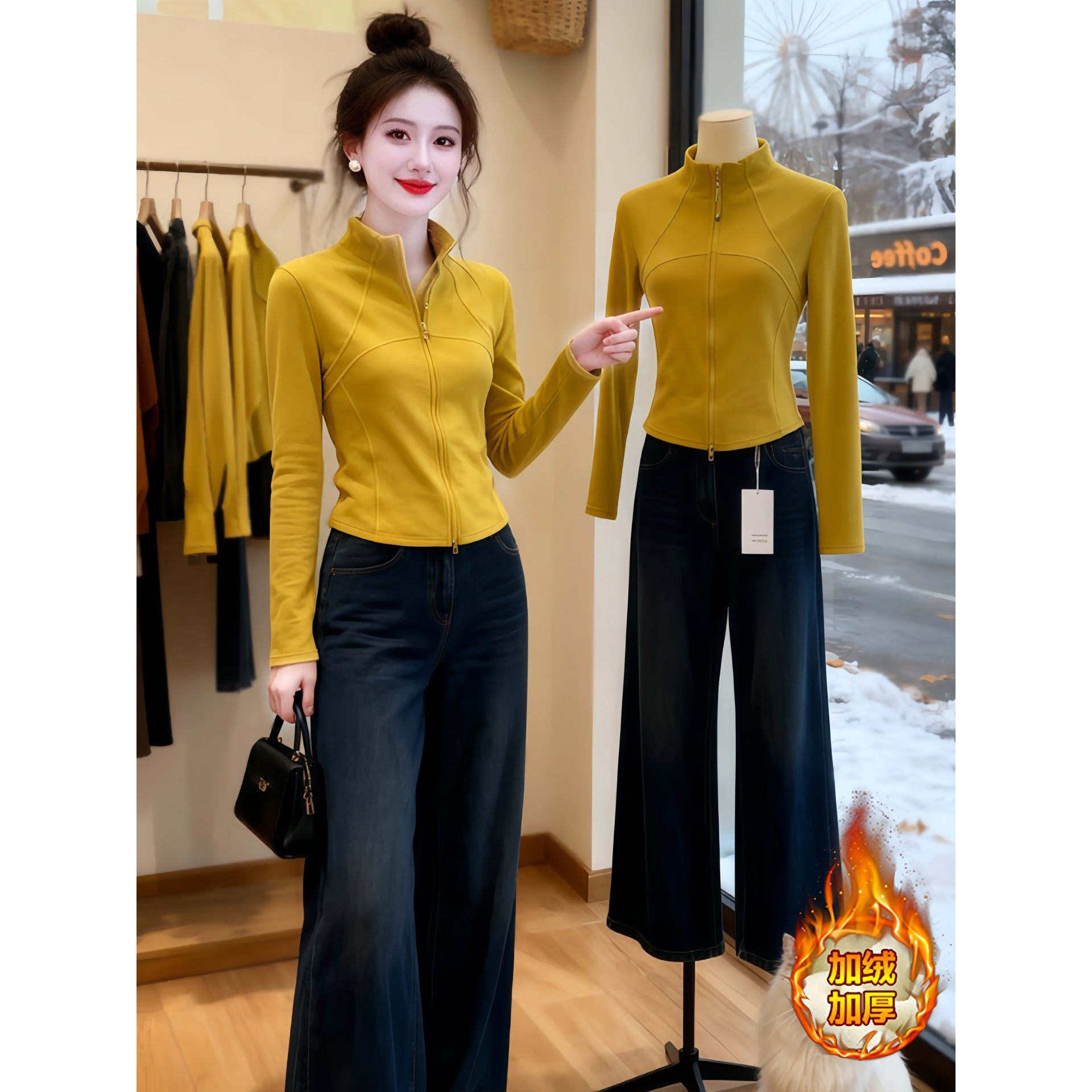 奥特莱斯~品牌专柜黄色立领长袖T恤女2026春季新款大码胖修身上衣,女装/女士精品,卫衣/绒衫,淘宝优惠券,粉丝福利购,淘宝优惠卷