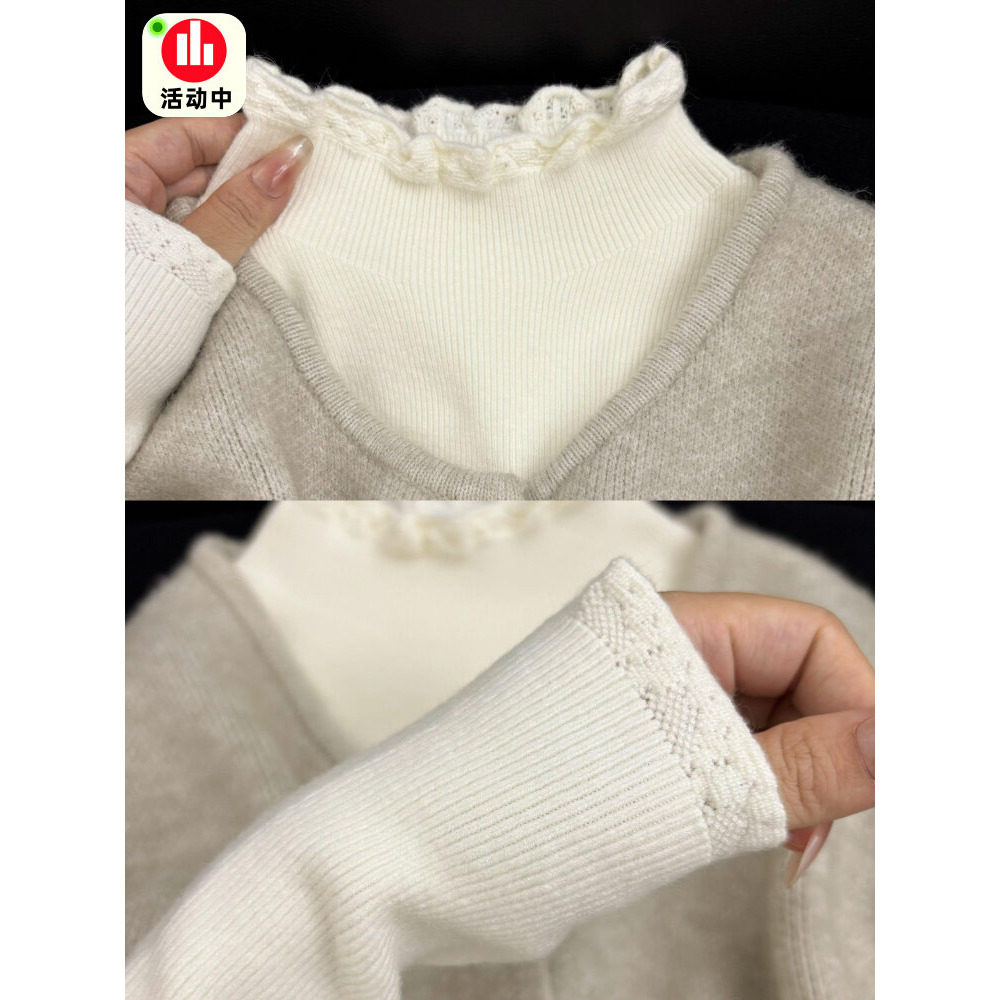 奥特莱斯~品牌专柜显瘦艺术感奶蓝色内搭半高领木耳边毛衣秋冬