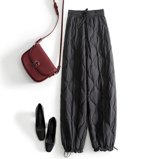 束脚防风长裤 女冬季 子 文艺系带松紧腰菱格压线羽绒裤 保暖鹅绒裤